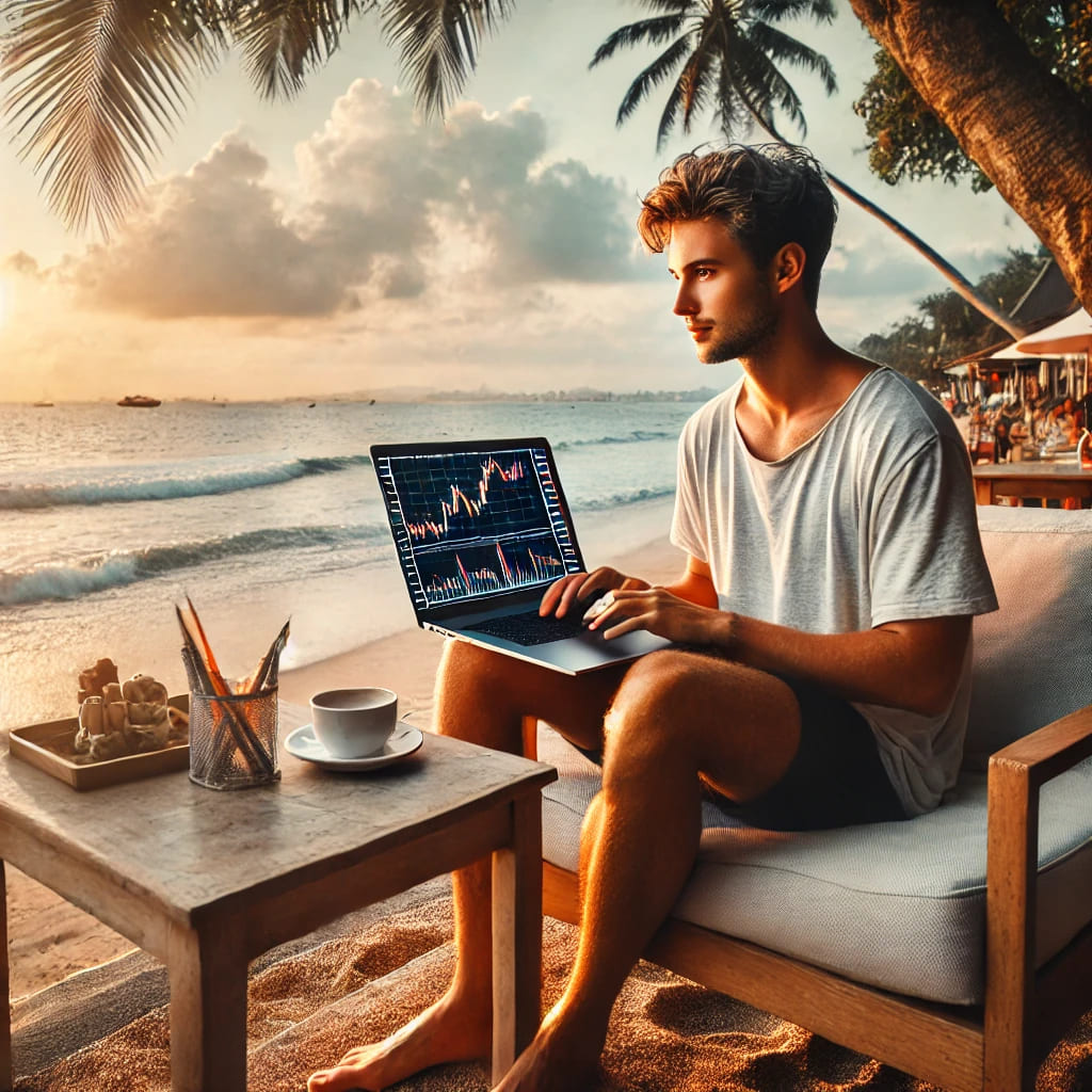 Un jeune trader assis dans un café au bord de la mer, travaillant sur son ordinateur portable, avec des graphiques de trading ouverts sur l'écran. Il a l'air détendu, pieds nus, avec l'océan et les palmiers en arrière-plan. Le soleil se couche, jetant une lueur dorée sur la scène, symbolisant la liberté et le style de vie décontracté des nomades numériques.