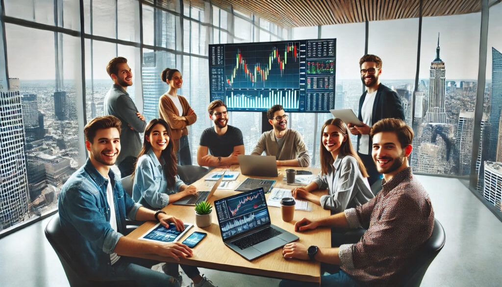 Un groupe de jeunes traders réunis autour d'une table dans un espace de travail moderne et ouvert. Les ordinateurs portables sont ouverts et un grand écran affiche des graphiques et des outils de négociation. Tout le monde sourit, échange des idées et travaille ensemble dans une atmosphère calme et collaborative. Le cadre est lumineux, avec de grandes fenêtres donnant sur un paysage urbain animé.