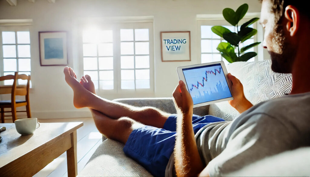 Un trader décontracté, pieds nus, se prélassant sur un canapé dans un espace de vie ouvert et lumineux, utilisant TradingView sur une tablette. L'atmosphère est légère et aérée, la lumière du soleil traversant de grandes fenêtres. Le trader est concentré mais calme, incarnant la facilité d'accès et l'interface intuitive de la plateforme.