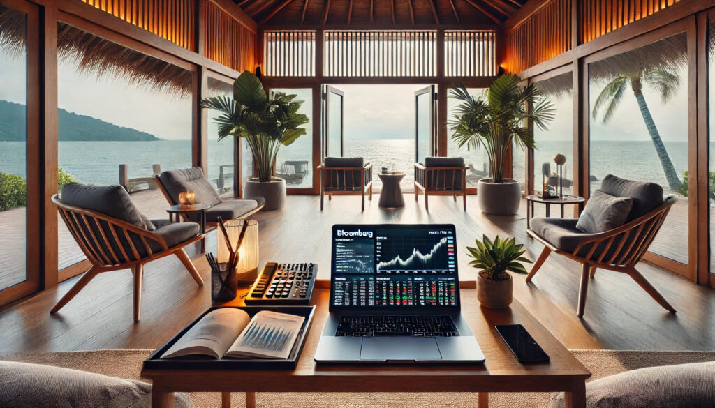 Un bureau de trading calme et organisé dans une villa en bord de mer, avec un terminal Bloomberg ouvert sur l'ordinateur portable. L'espace de travail comprend des sièges confortables, des plantes et une vue sur l'océan à travers de grandes portes vitrées. La scène est sereine et équilibrée, associant des outils de haute technologie à la tranquillité d'un lieu exotique.