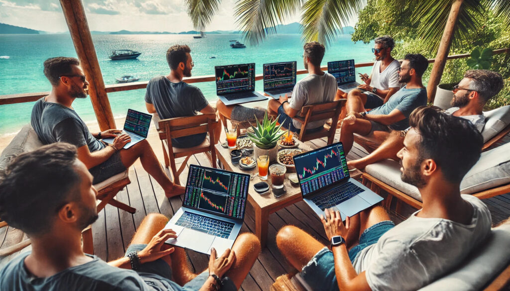 Un groupe de traders assis sur une terrasse surplombant une plage tropicale, discutant de stratégies et d'outils de trading. Des ordinateurs portables sont ouverts, montrant diverses plates-formes de négociation. L'atmosphère est à la camaraderie et à la liberté, les rires et les conversations fusent dans un environnement détendu et baigné de soleil.