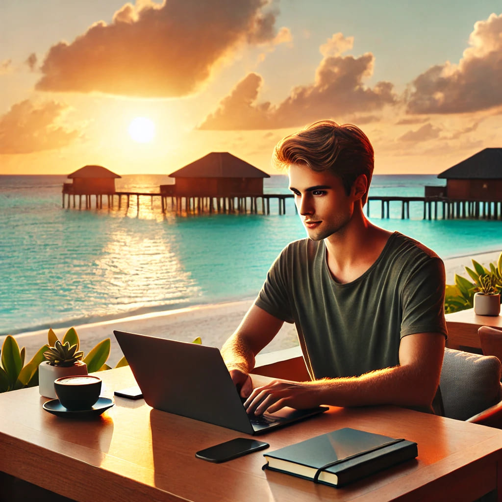 Un jeune homme assis à une table de café en plein air surplombant une plage exotique, un ordinateur portable ouvert devant lui. Le soleil se couche sur l'horizon, avec une ambiance paisible et professionnelle. À côté de lui, un carnet et une tasse de café. Il est concentré, symbolisant la liberté financière et géographique.