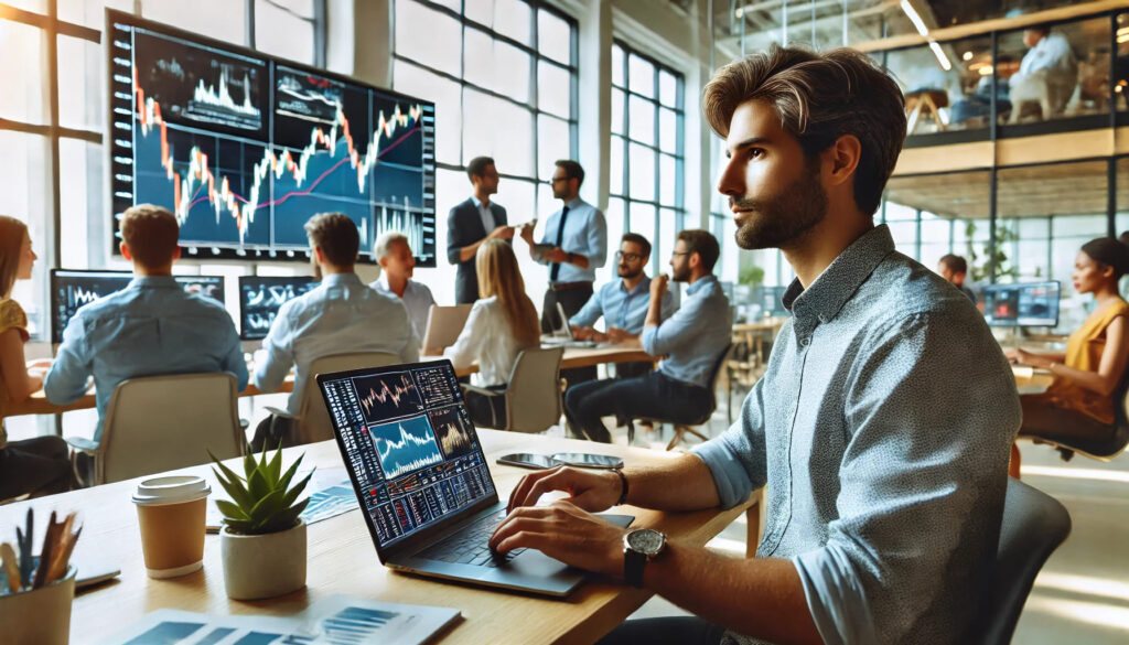 Un trader en plein travail sur un ordinateur portable dans un espace de coworking lumineux, avec plusieurs écrans affichant des graphiques et des outils de gestion des risques, tandis que des collègues discutent autour.