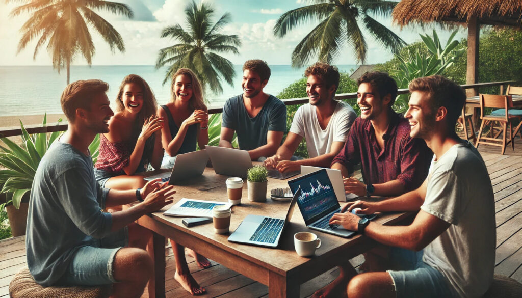 Un groupe de jeunes traders, assis ensemble autour d'une table en plein air dans un cadre tropical, échangeant des idées et riant. Chacun a un ordinateur portable devant lui, et des tasses de café sont disposées sur la table. L'ambiance est détendue et collaborative, avec une vue sur l'océan et des cocotiers en arrière-plan, symbolisant la réussite, le bonheur et la communauté.