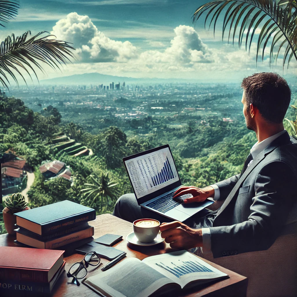 Un trader assis dans un café en plein air, surplombant un paysage tropical, avec un ordinateur portable ouvert devant lui, une tasse de café à la main. Autour de lui, des livres et des documents financiers éparpillés. L’ambiance est à la fois détendue et professionnelle, symbolisant la liberté géographique et la concentration sur la vérification d’une prop firm.