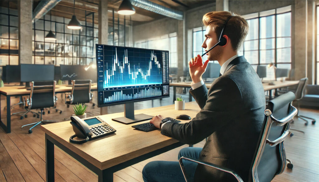 Un jeune trader en communication avec un support client via un chat en ligne. Sur son écran, des graphiques de trading sont clairement affichés, tandis qu'il est assis dans un espace de coworking moderne avec une ambiance professionnelle et ouverte.