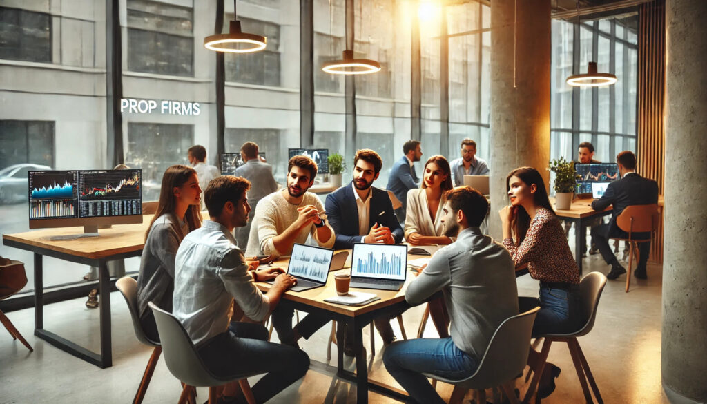 Un groupe de traders jeunes et motivés, discutant autour d'une table dans un espace de coworking moderne et lumineux, échangeant des idées et des expériences sur les prop firms. L'ambiance est collaborative, avec des ordinateurs portables ouverts et une atmosphère détendue.