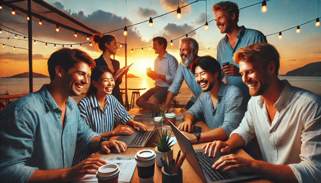 Un groupe de traders travaillant ensemble dans un espace de coworking en plein air avec vue sur la plage, tous souriants et échangeant des conseils. Le coucher du soleil en arrière-plan crée une ambiance détendue et positive, symbolisant la réussite et la collaboration. Mais aussi la capacité à vérifier la réputation d'une prop firm.