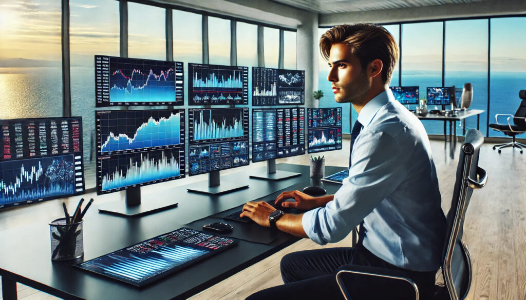 Un jeune homme concentré, travaillant sur plusieurs écrans montrant des graphiques de trading, des indicateurs financiers et des analyses de marché. Il est installé dans un bureau ouvert avec une vue sur la mer, symbolisant à la fois la maîtrise technique et la liberté.