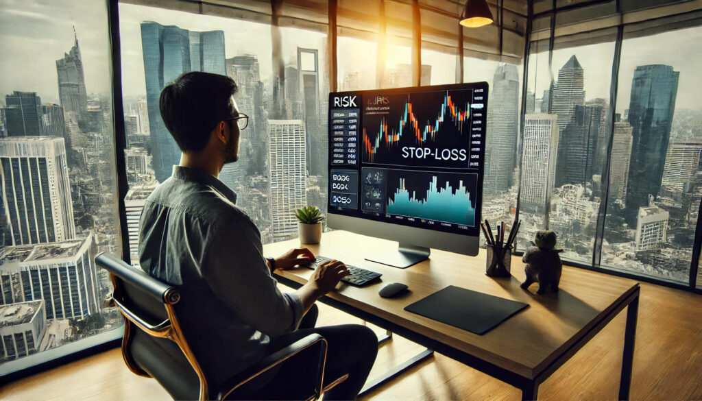 Un tableau de bord de trading avec des alertes de risque et des stop-loss visibles. Le trader, installé dans un espace de coworking avec une vue sur une ville moderne, ajuste ses paramètres calmement.