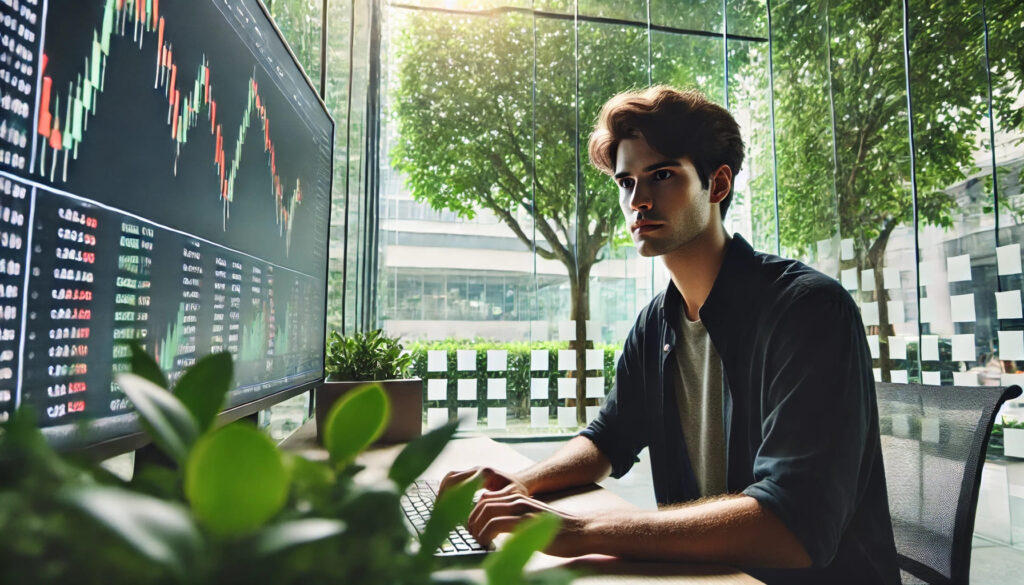 Un jeune trader face à une évaluation psychométrique sur un écran d'ordinateur, l'air concentré mais calme. Autour de lui, une ambiance sereine avec des plantes et des murs vitrés donnant sur une mer tranquille.