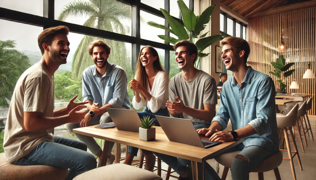 Un groupe de jeunes traders riant et échangeant des idées dans un espace de coworking moderne, leurs ordinateurs portables ouverts devant eux. L'ambiance est détendue et positive, avec une grande baie vitrée donnant sur un paysage tropical, symbolisant la réussite et la collaboration.